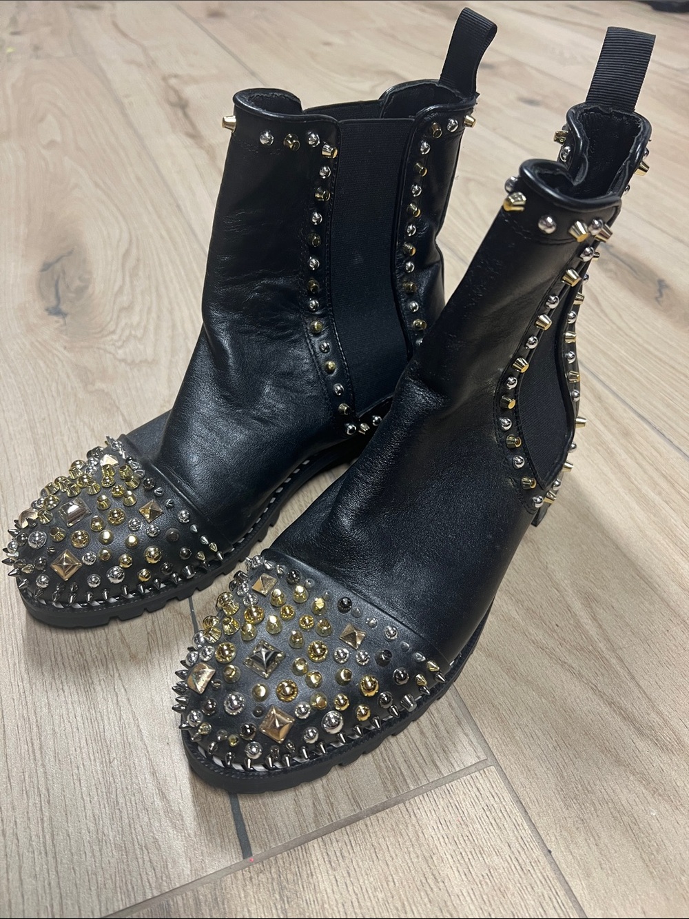 Louis Vuitton Black Leather Studded Moto Chelsea Boots